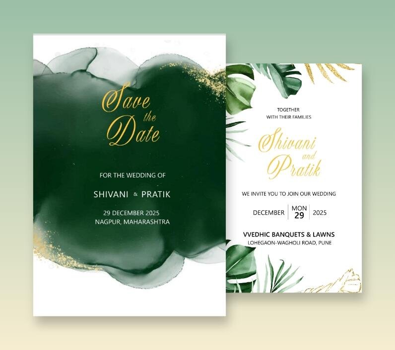 Artistic wedding invitation set with emerald green abstract design, tropical foliage, and elegant gold accents.