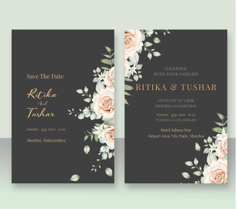 A design with sophisticated white roses and leaves on a dark gray background