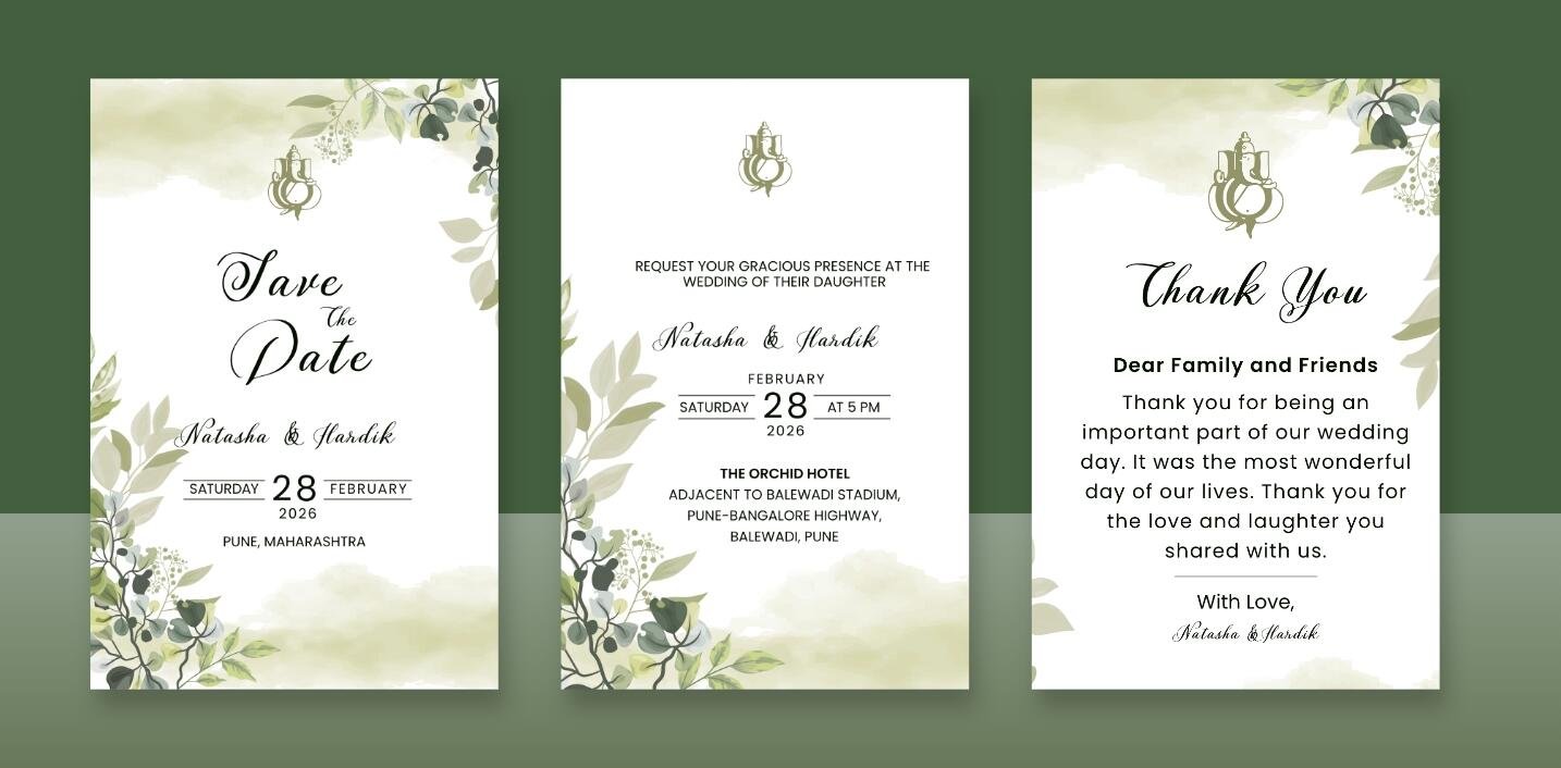 Elegant suite with soft green foliage borders and clean, minimalist typography.