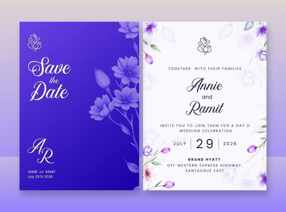 Modern wedding invitation set featuring a vibrant purple background and delicate floral illustrations.