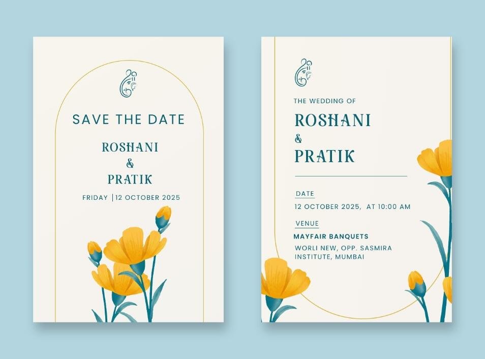 Minimalist wedding invitation with eucalyptus leaves and gold frame.