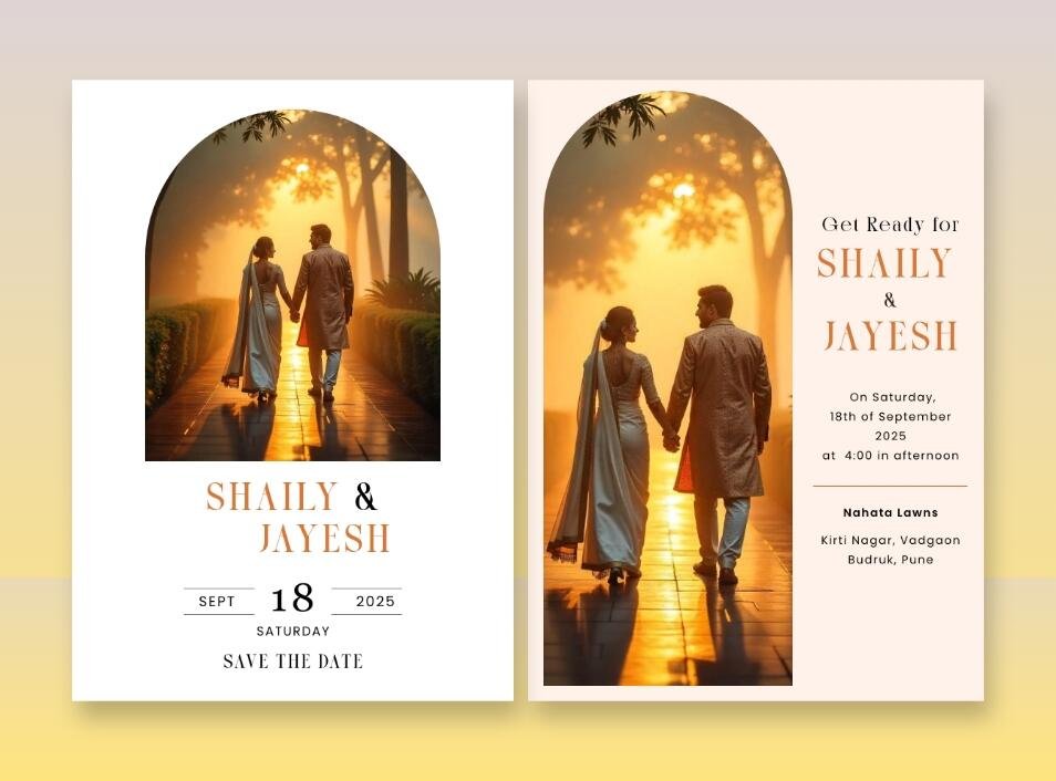 Personalized wedding card set featuring an arch photo of the couple on a warm minimal background.