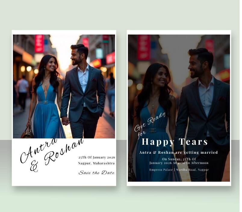 A visual set with a couple's portrait taken at night with blurred city lights.