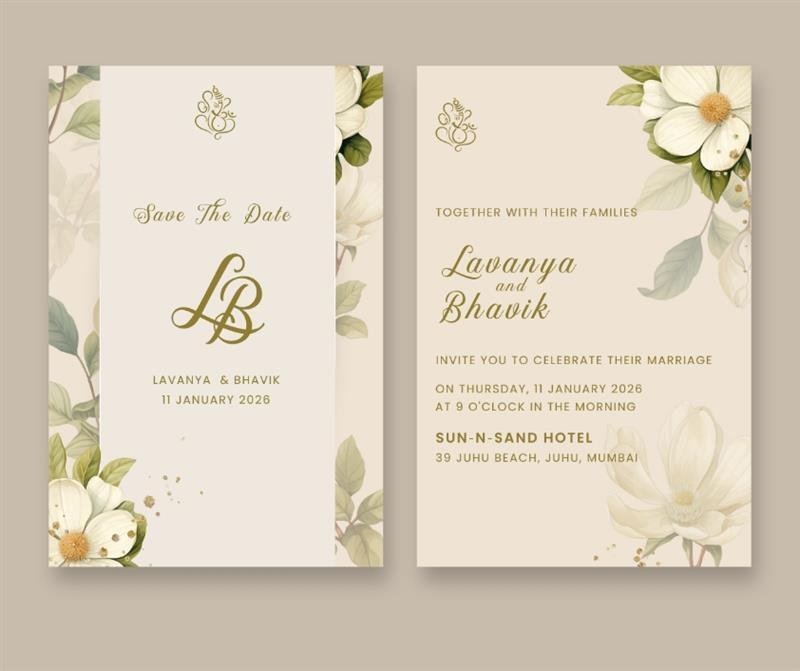 Elegant wedding card design with gold monogram centerpiece, framed by white florals and lush green leaves.