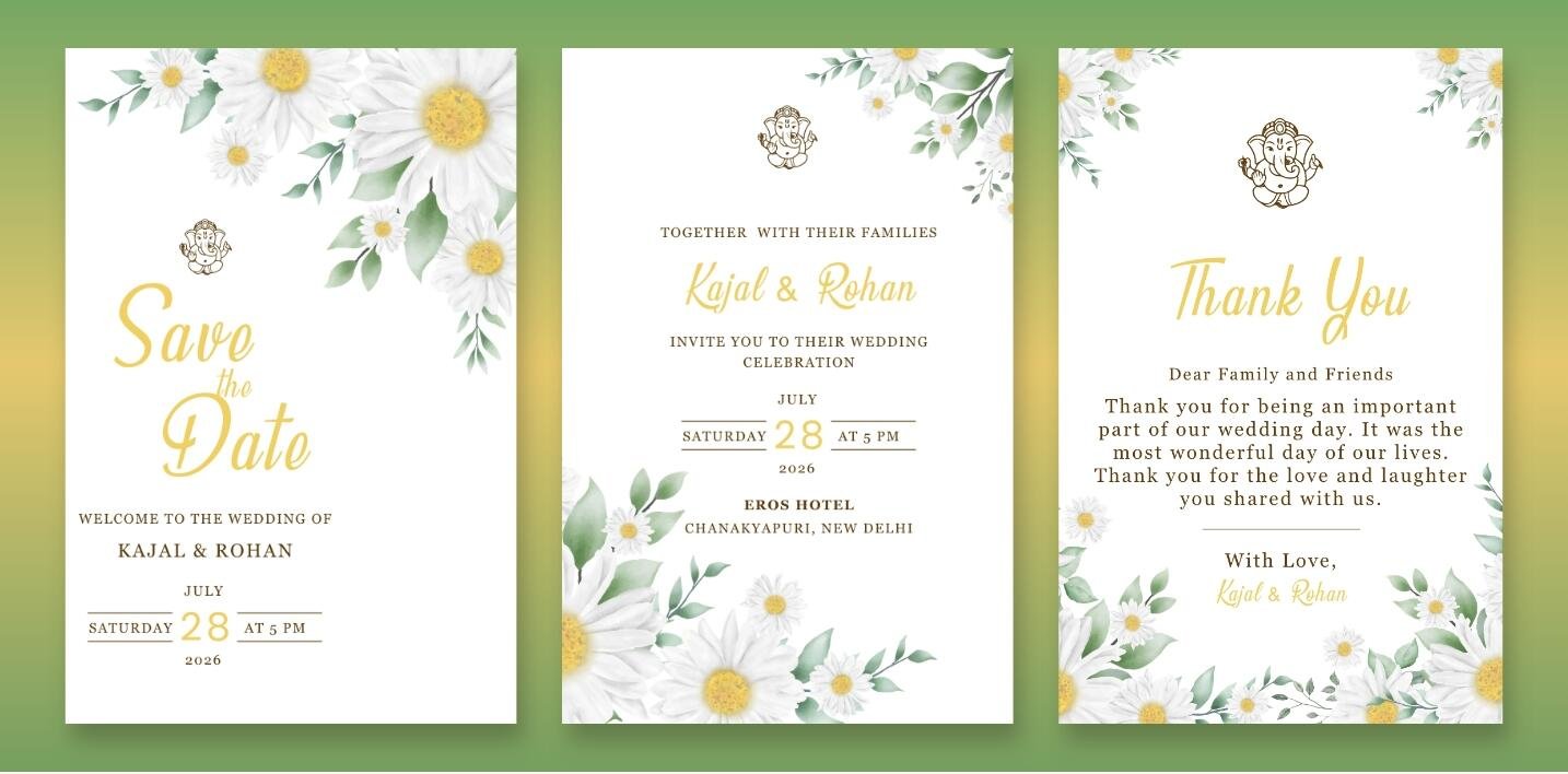 Fresh wedding invitation set with a daisy and leaf watercolor design.