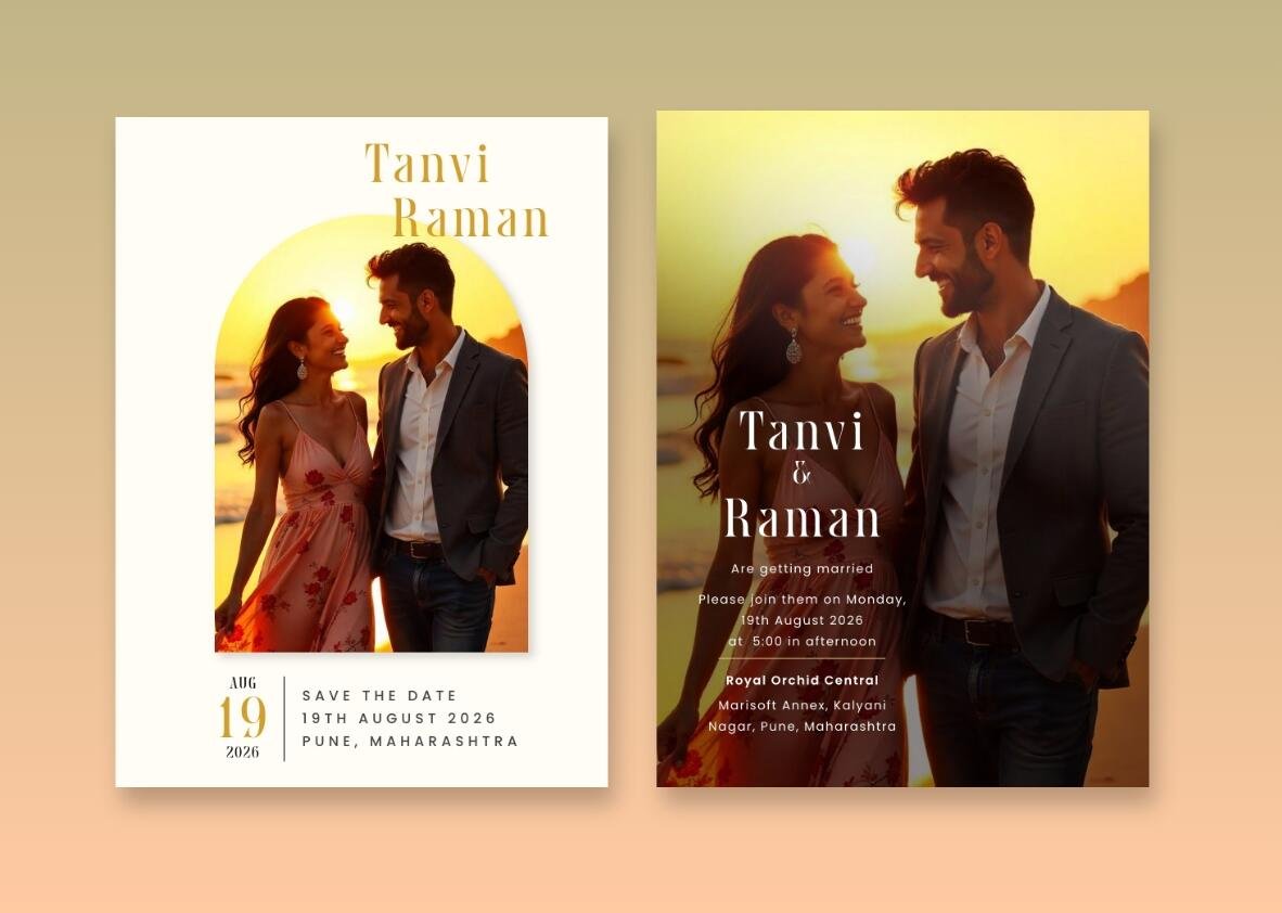 Photo wedding invitation with sunset arch and couple's picture.