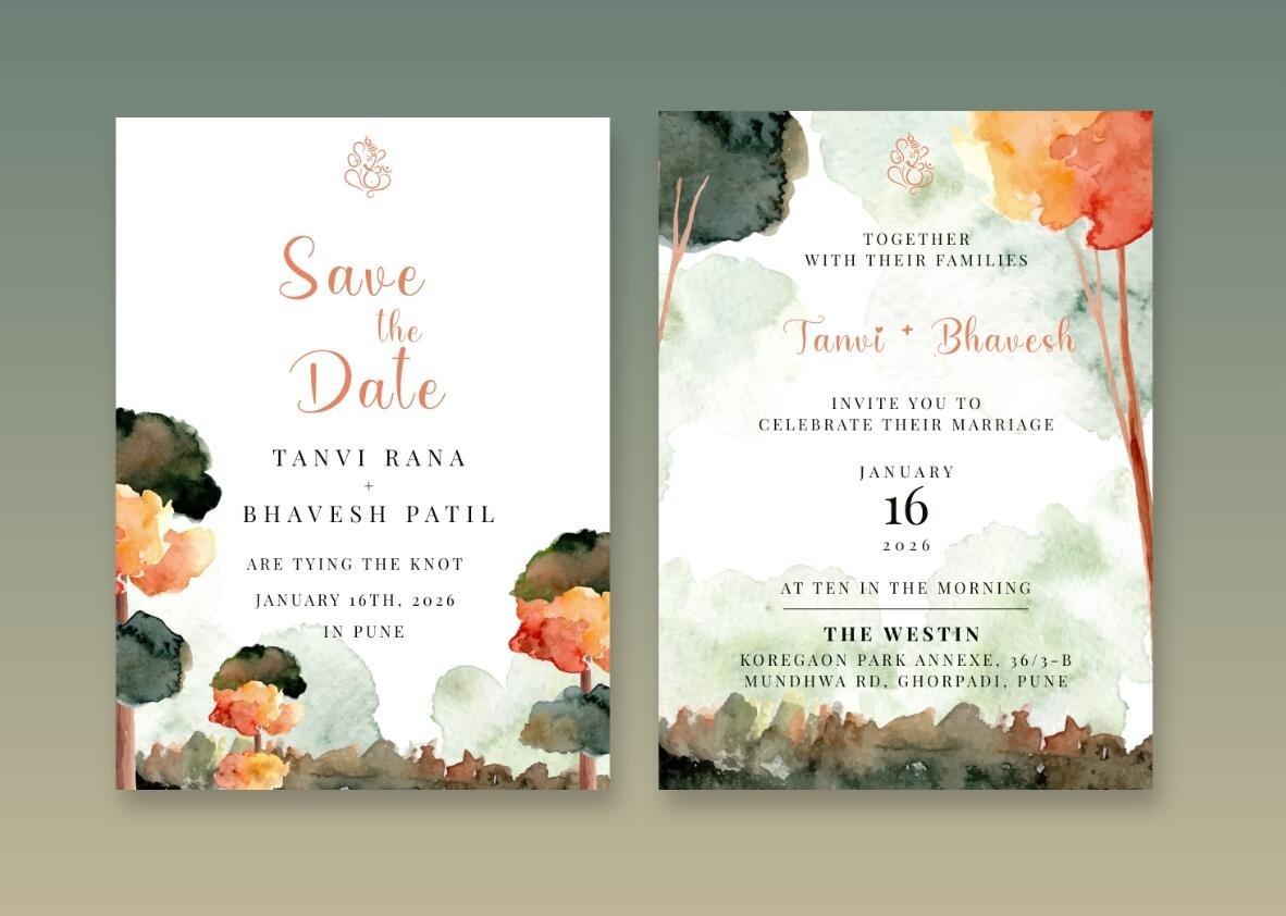 A card set with abstract orange floral shapes and a soft green and white background.