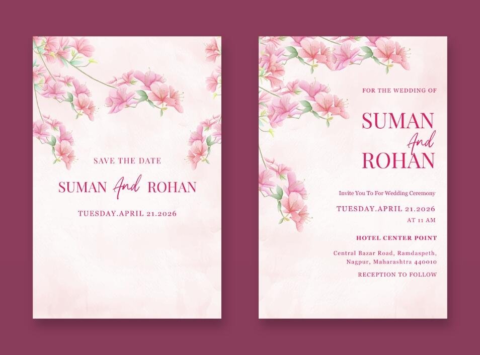 Wedding invitation set with a pink bougainvillea flower and a soft, abstract background texture.
