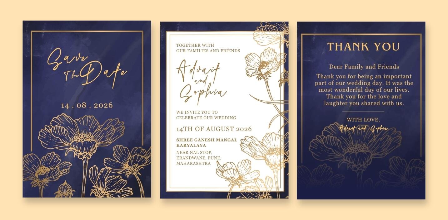 Luxury wedding stationery with gold line art and deep blue background.