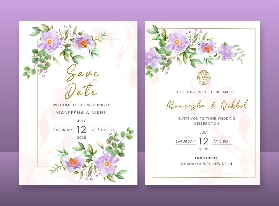 Chic wedding invitation set featuring artistic floral line art and soft abstract background washes.