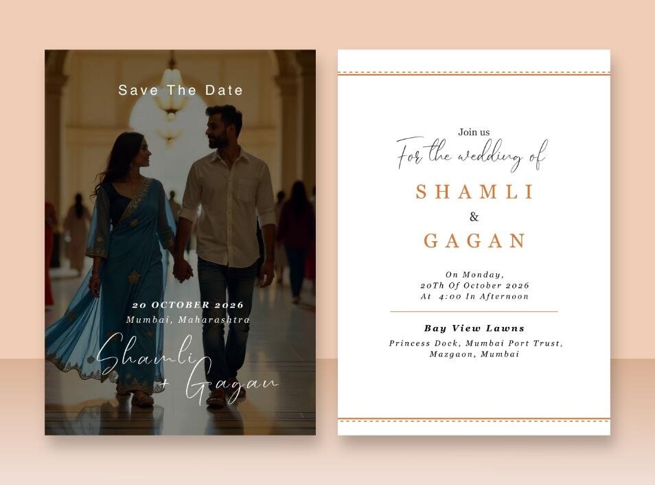 Artistic wedding invitation set featuring abstract blue watercolor and elegant gold leaf details.