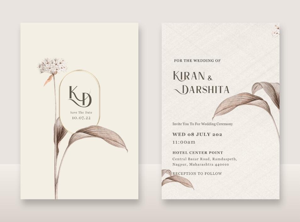 Elegant wedding invitation set with minimal design, single leaf illustration, and a soft neutral background.