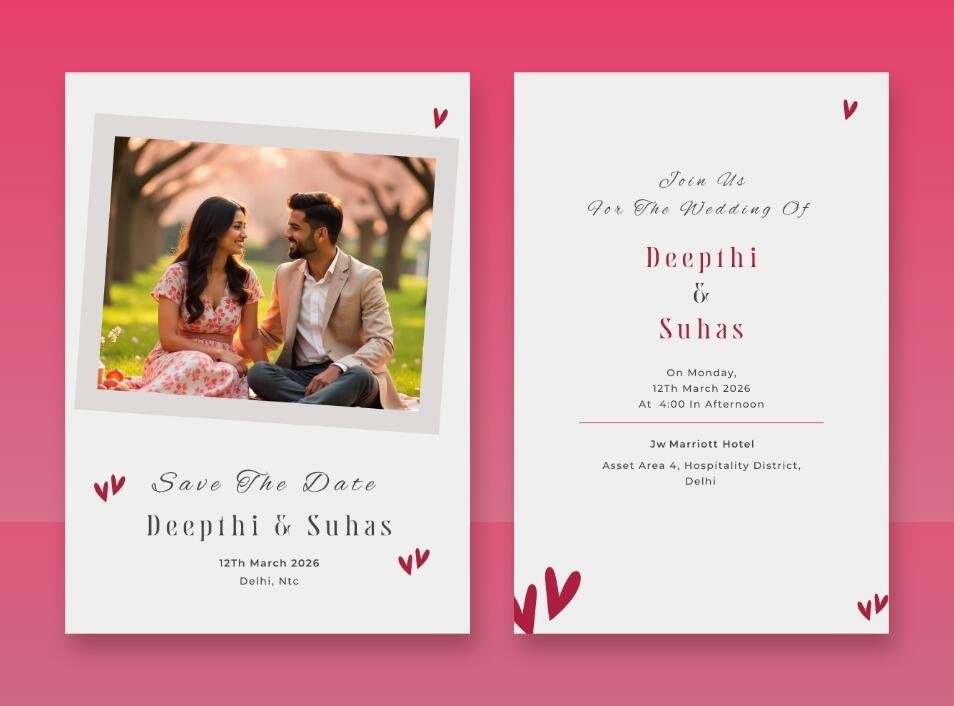 Photo wedding invitation with hearts and a simple layout.