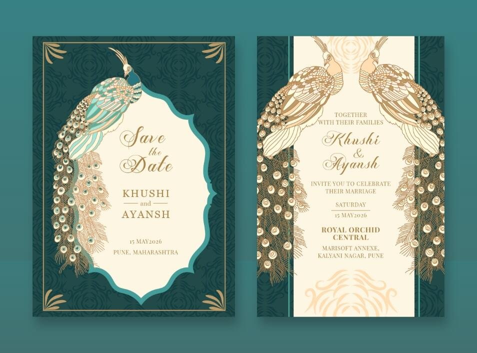 Elegant Indian wedding invitation with ornate gold peacocks on teal.