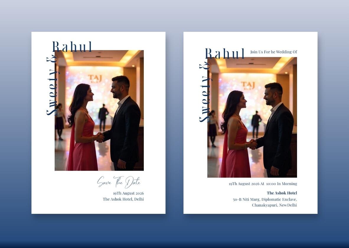 Modern wedding invite with a couple's portrait and a bold blue text design.