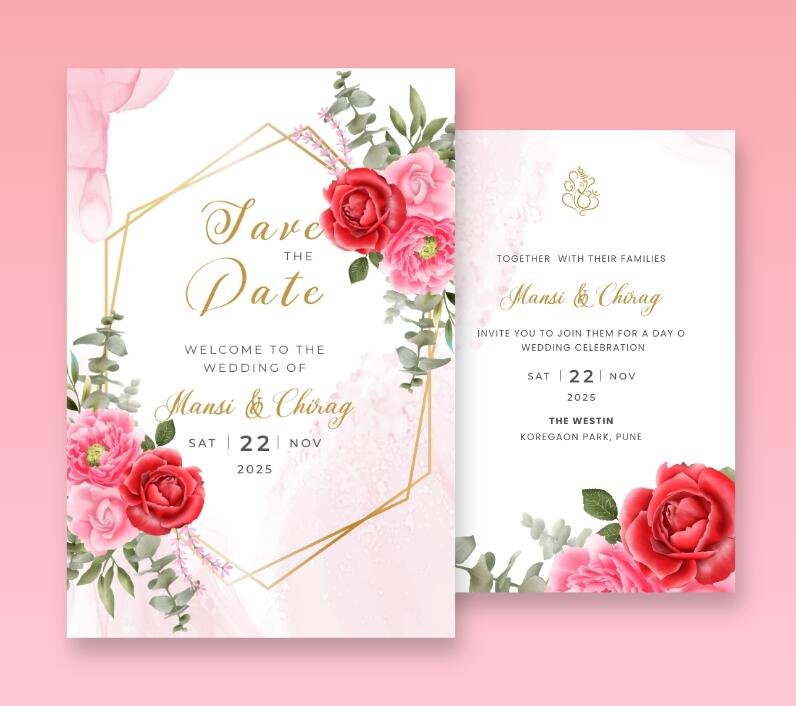 Classic wedding stationery featuring a rich watercolor illustration of deep red and white flowers and green foliage.