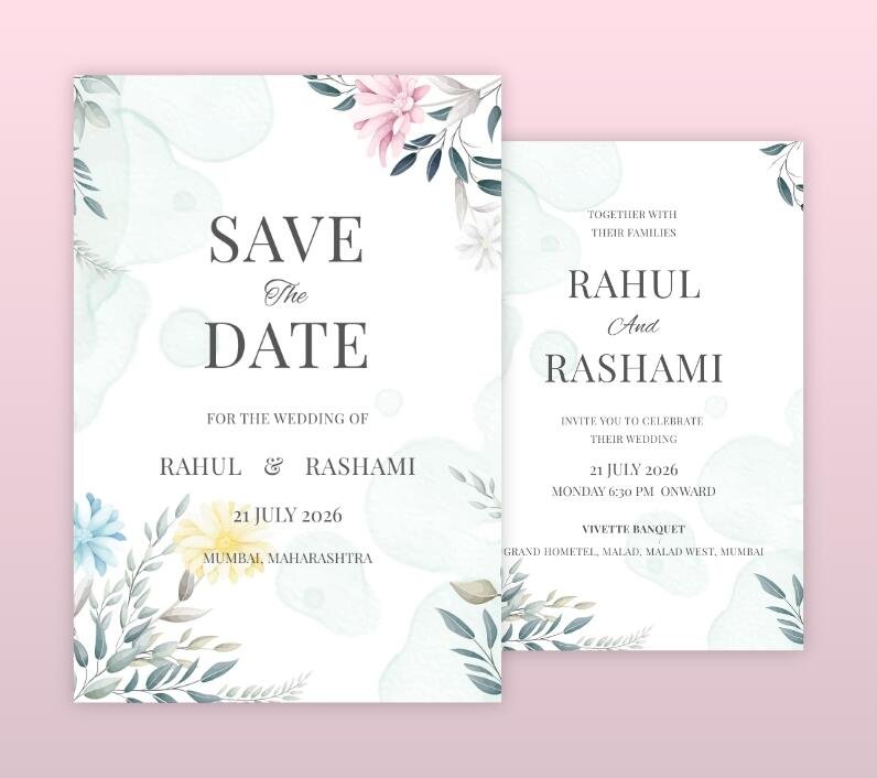 Minimalist wedding invitation card design with a gentle pastel background and subtle pink and white foliage.