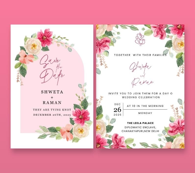 Romantic Indian wedding stationery featuring a lush floral arch of pink and white roses and green leaves.