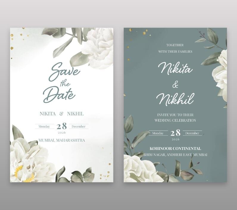 Design card set with realistic white flowers and leaves on a dark gray-green background.