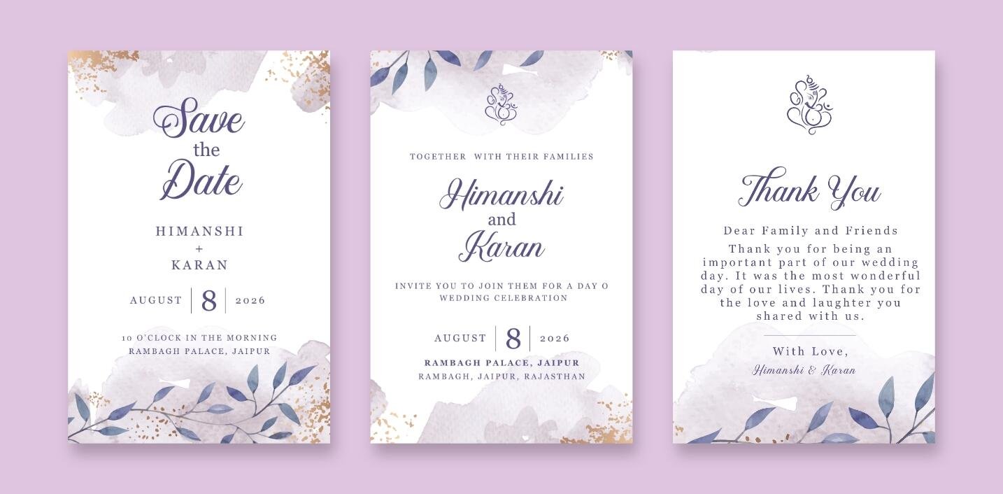 Minimalist wedding card set with a purple watercolor design and gold accents.