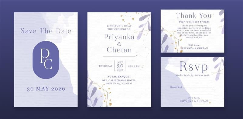 Modern wedding invitation set with a bold, simple design on a navy blue background with subtle gold accents.