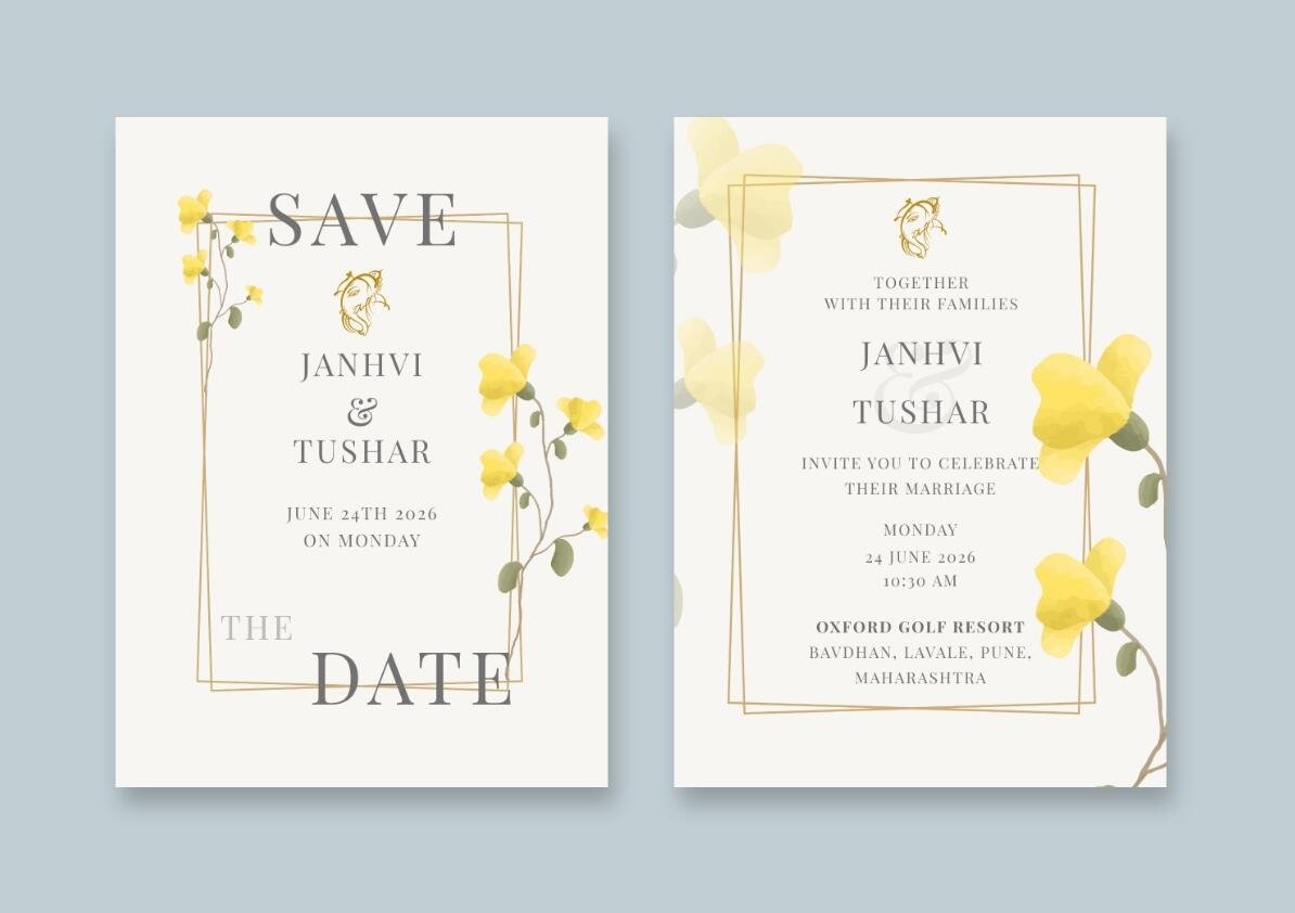 Unique wedding invitation suite featuring a mountain landscape photograph and warm brown tones.