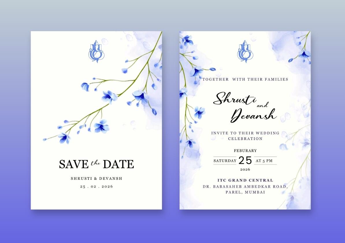 Elegant Indian wedding stationery set featuring a solid blue card and a white card with a beautiful floral border.”