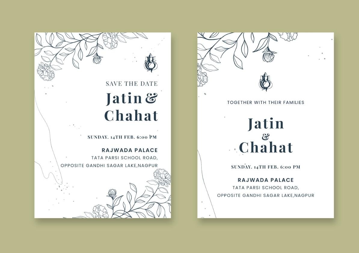 Wedding invitation set with a minimal blue outline of leaves on a white background.
