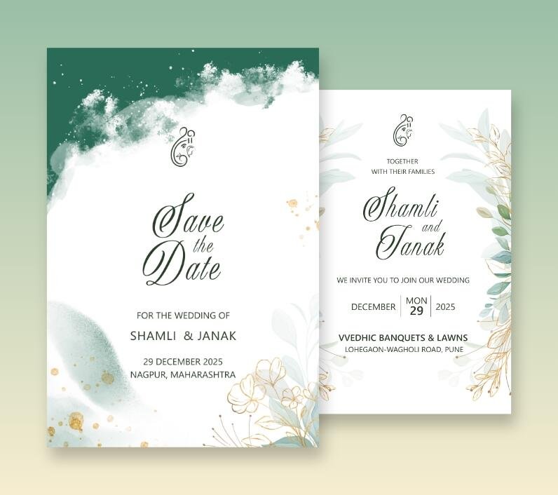 Modern wedding card with a striking emerald green and gold celestial design.