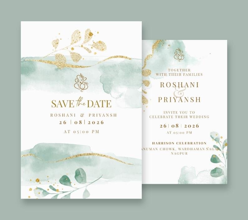 Wedding invitation set with minimalist green and gold abstract leaf illustrations.
