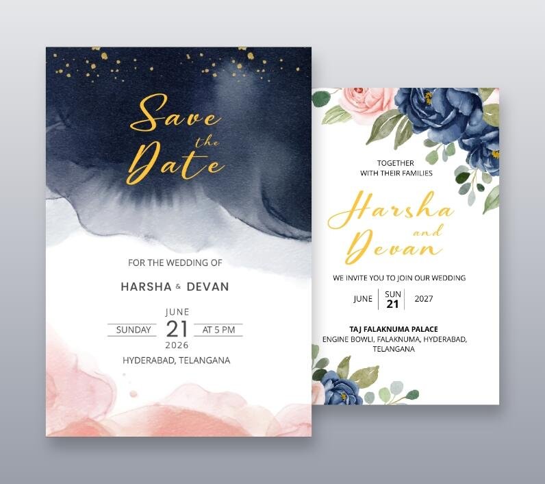 Dramatic wedding invitation set with bold blue and blush pink floral illustrations and gold details.