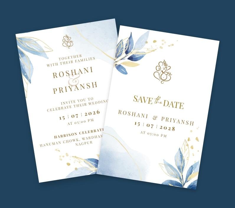 Artistic wedding invitation set with abstract blue leaf illustrations and a clean design with gold speckles.