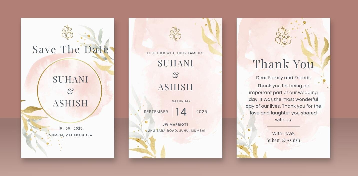 Elegant Indian wedding stationery with pink watercolor, golden leaves, and a chic modern circular frame.