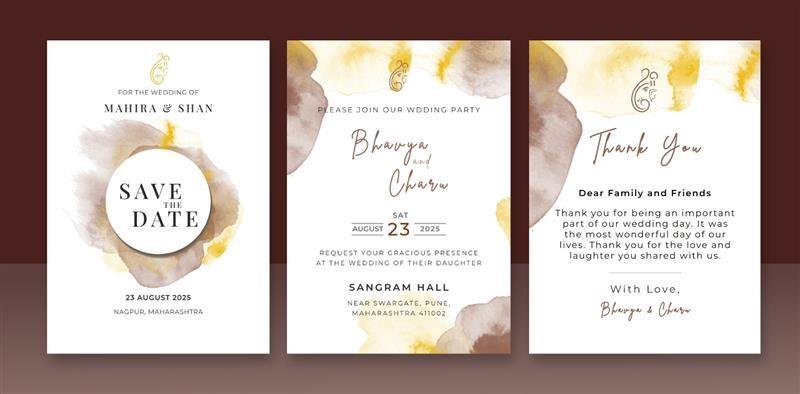 Artistic wedding invite with abstract shapes in soft yellow and brown, giving a sophisticated design.