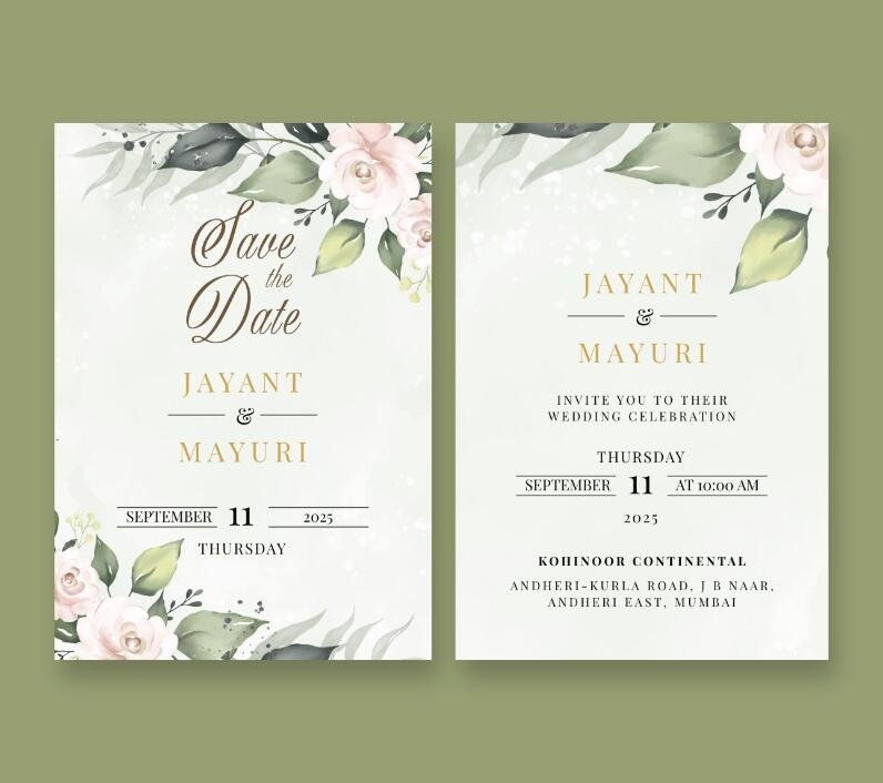 Romantic wedding invite with green leaves and soft pink rose accents.