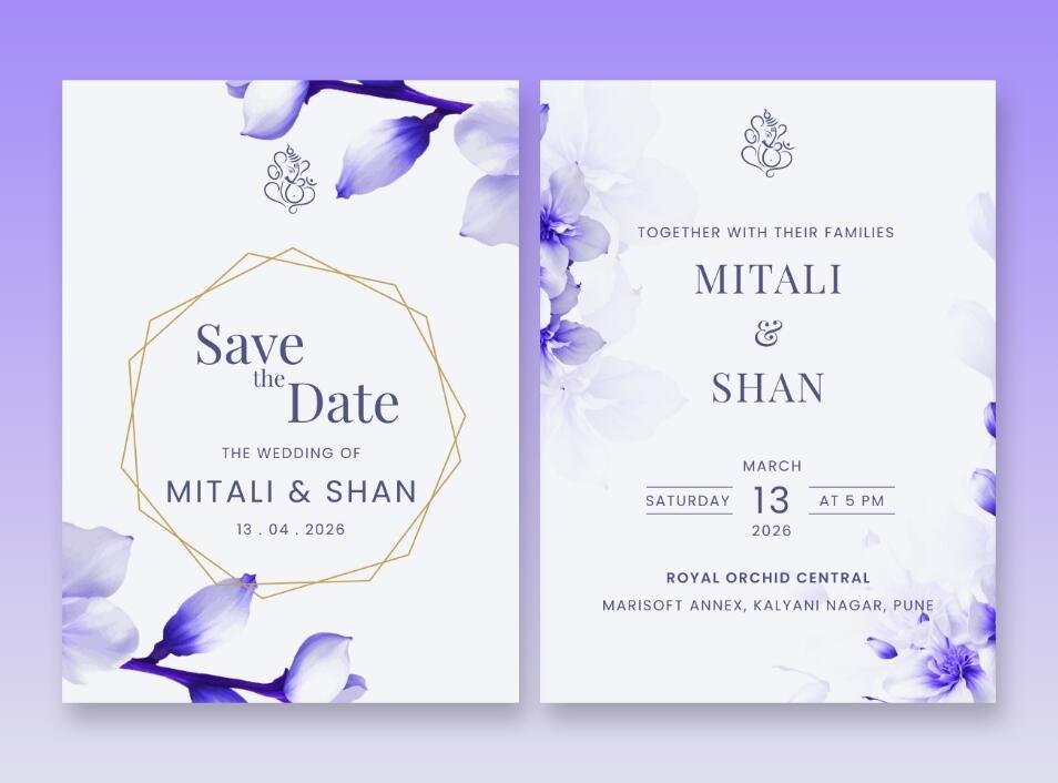 Modern wedding invitation with a purple floral and gold geometric design.
