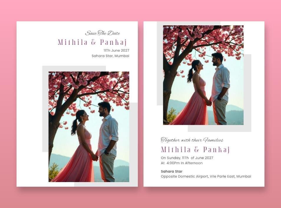 Wedding invitation set featuring a couple's photograph with a pink and brown floral background.