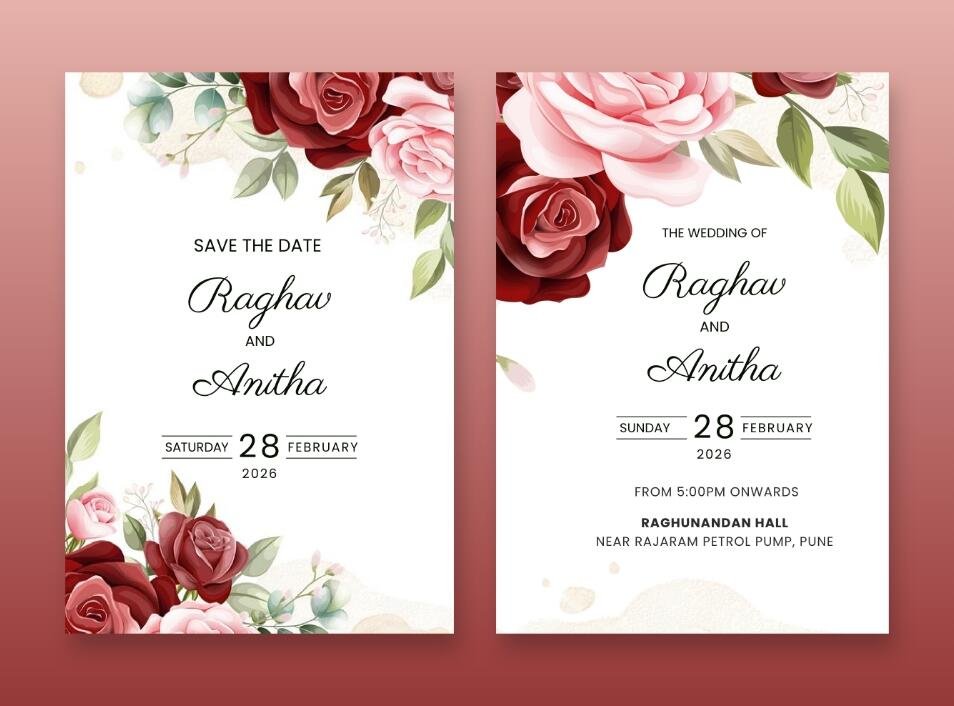 Wedding invitation and save the date with lush dark red roses and soft floral illustrations.
