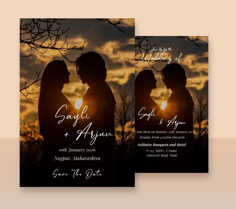A visual suite featuring a couple's silhouette against a dramatic sunset background.
