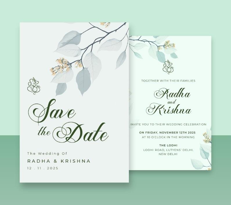 Elegant wedding card set with a botanical design of cool blue-gray leaves.