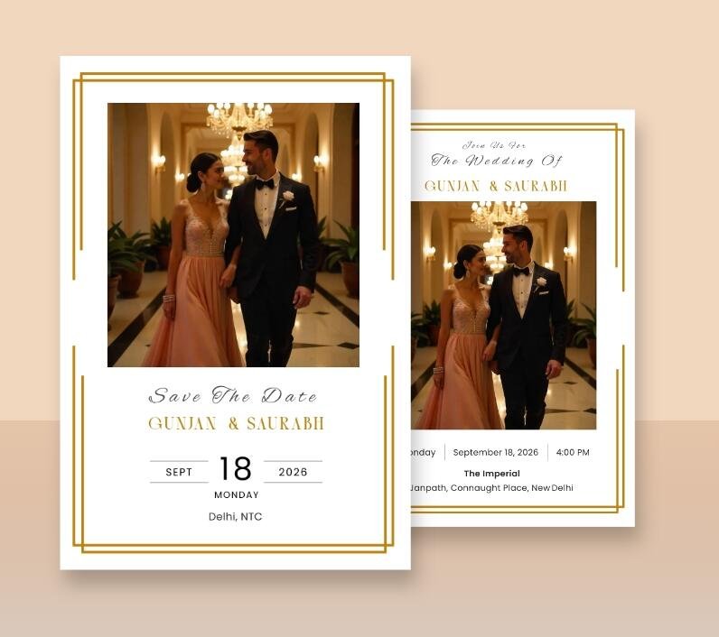 Modern wedding invite with a couple's photo and sleek gold frame.