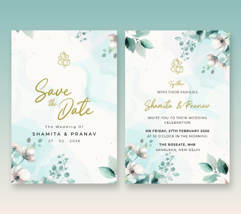 Floral wedding invitation with sunflowers and green leaves.