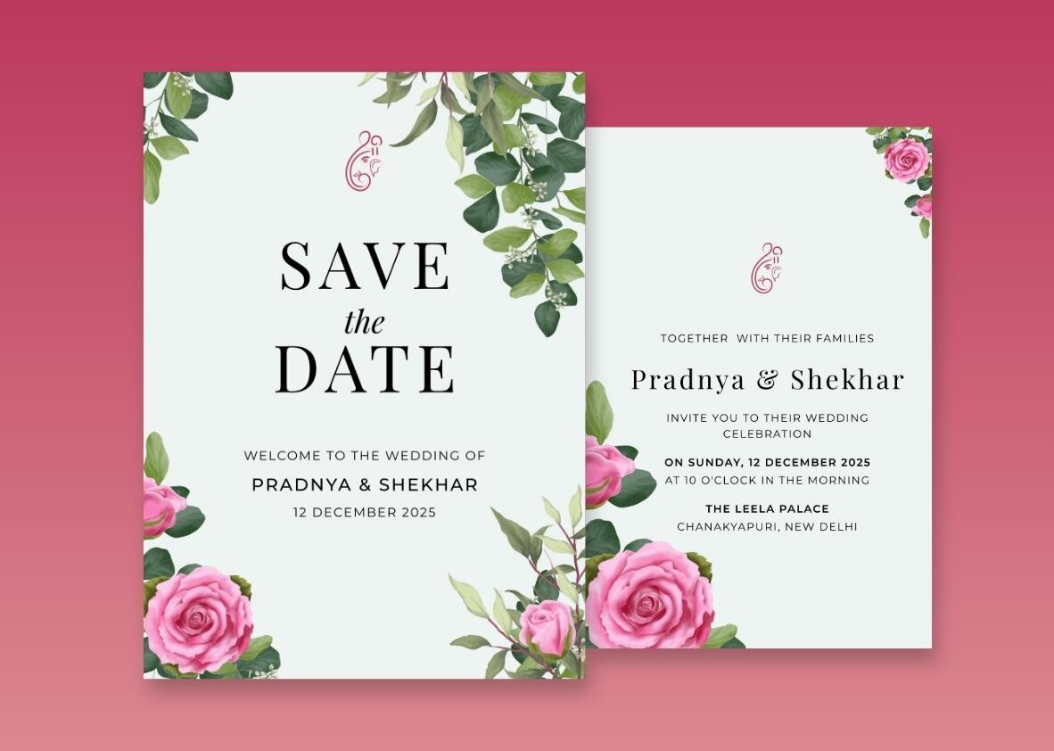 Romantic wedding invitation set with a pink floral and green leaf design.