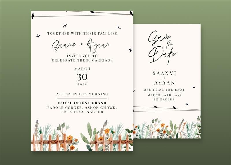 A card set with a minimal illustration of a field, fence, and wild grasses.