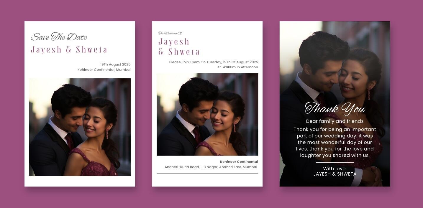 A card suite featuring a couple's photo and a deep purple fonts, creating a romantic design.