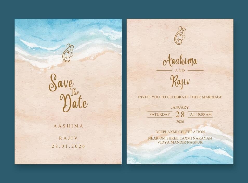 A card set with a serene abstract design in shades of blue, blush pink and gold.