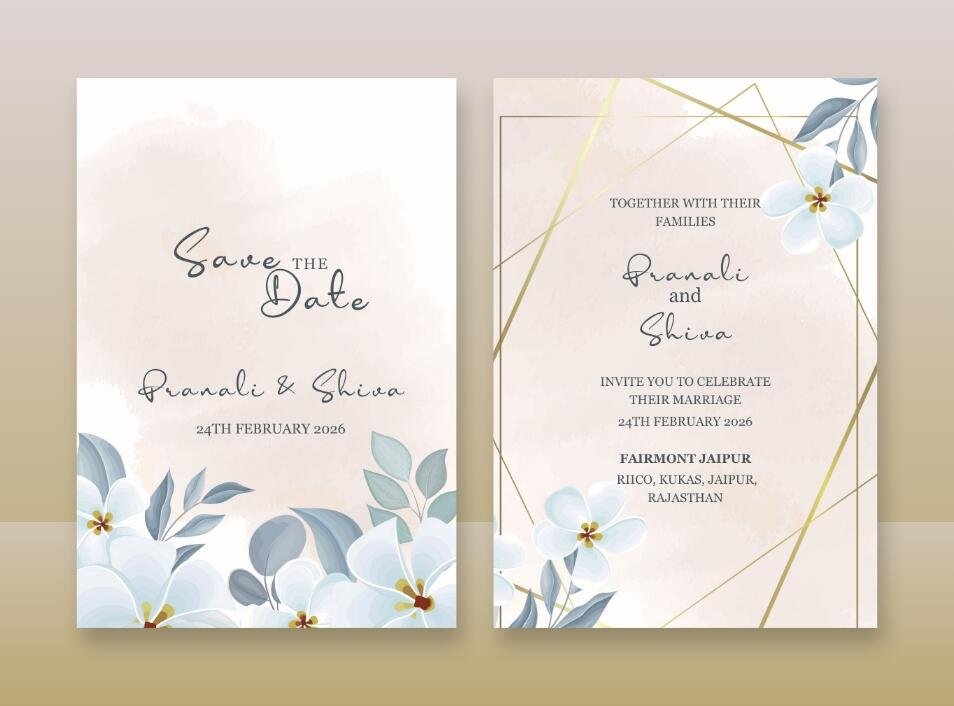 Sophisticated wedding invitation set with white florals, blue-gray foliage, and a modern gold geometric frame.