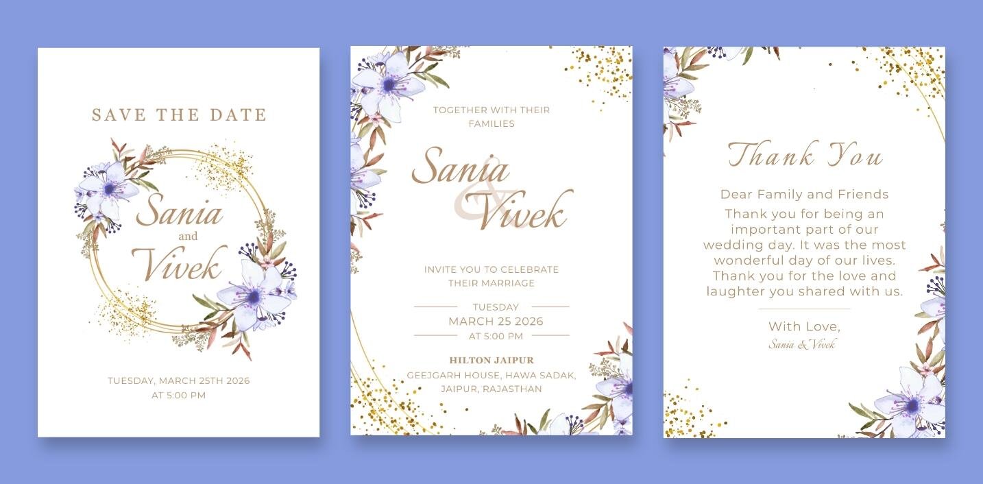 Elegant wedding card with white flowers, blue leaves, and a gold geometric frame.