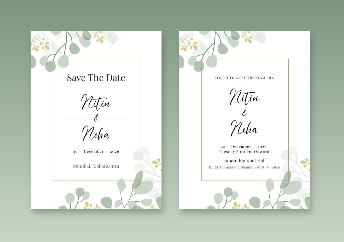 Minimalist wedding invitation card design with eucalyptus leaves and gold frame.