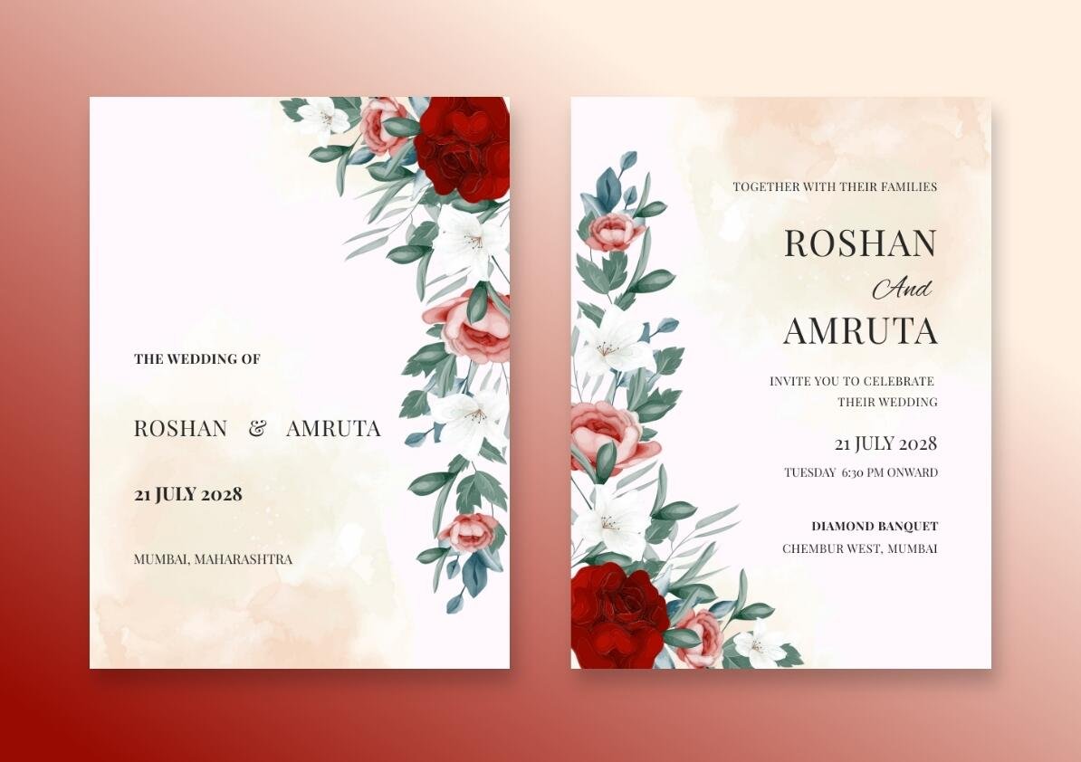 Romantic watercolor wedding invitation with a red and white floral design.